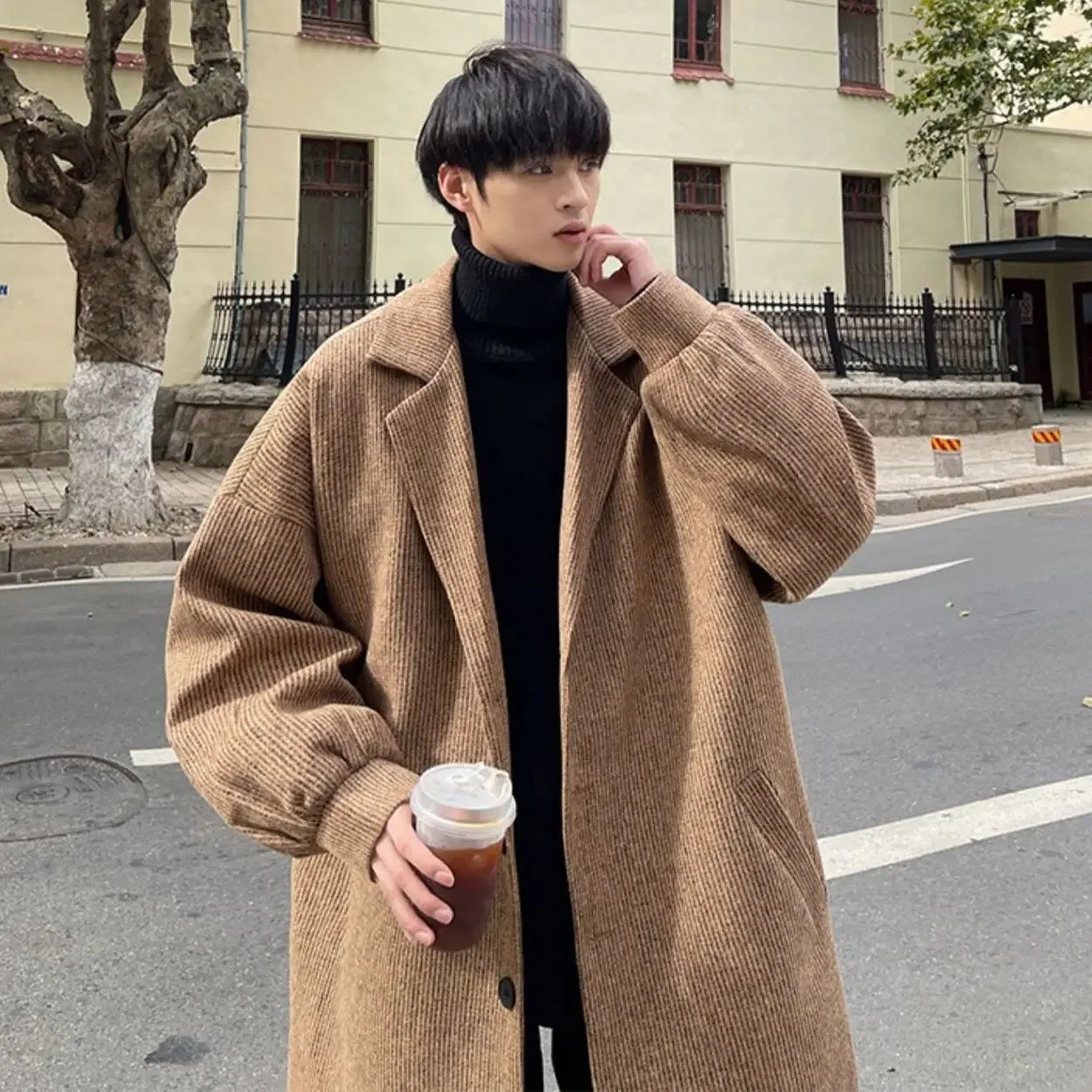 

Winter Cotton Thickened Woolen Overcoat Men's Ruffian Handsome Mid-length Casual Loose High Street Windbreaker Coat Male Clothes