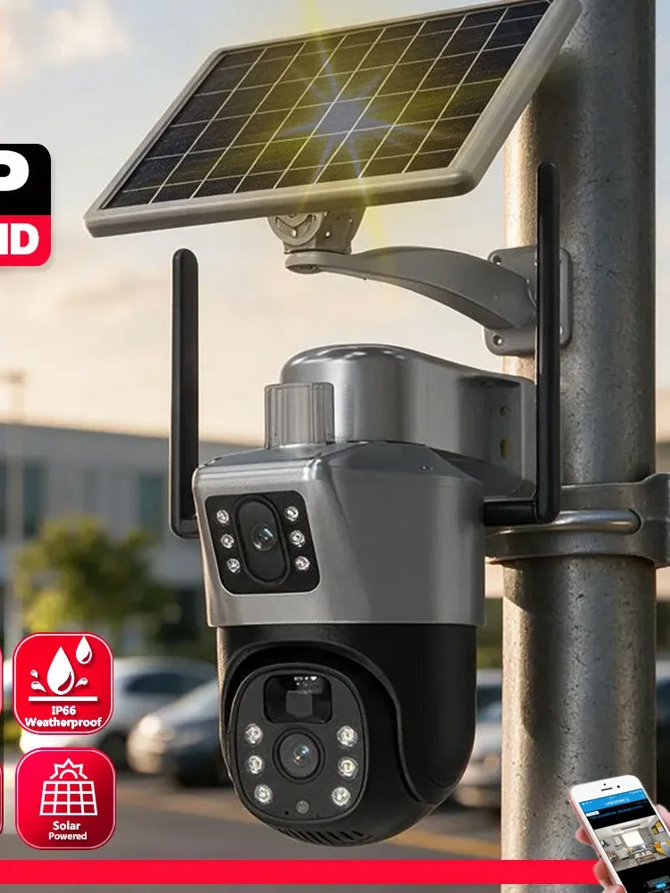 Kamera AOV Solar 4G PTZ z podwójnym obiektywem, bezprzewodowa, zewnętrzna, do monitoringu CCTV, z dwukierunkowym audio, kolorowym trybem nocnym, dwuekranowym wyświetlaczem, zasilana energią słoneczną, — 2