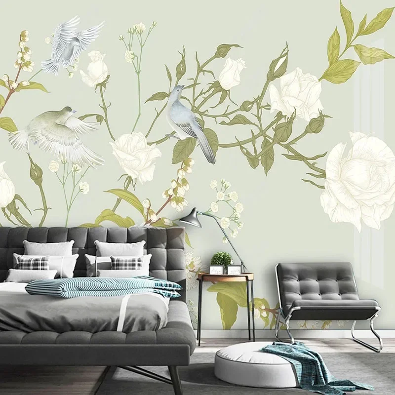 

Custom Any Size Mural Wallpaper Nordic Hand Painted 3D Tropical Plants Flowers And Birds Background Mural Living Room Wallpapers