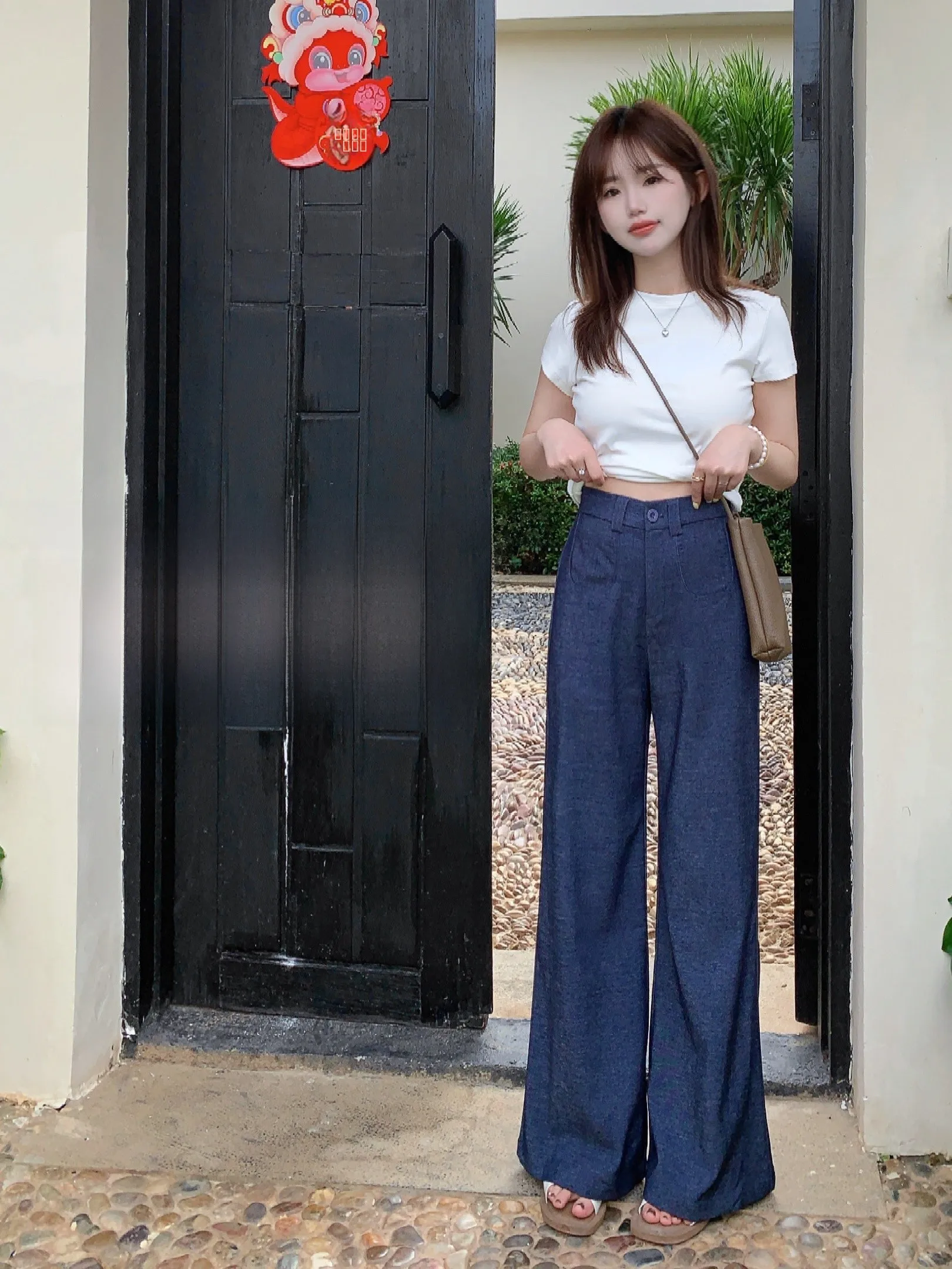 

High Waist Slimming High Rise Casual Pants Wide Leg Micro Flared Jeans Thin Cotton Polyester Spandex Blend Long Trousers