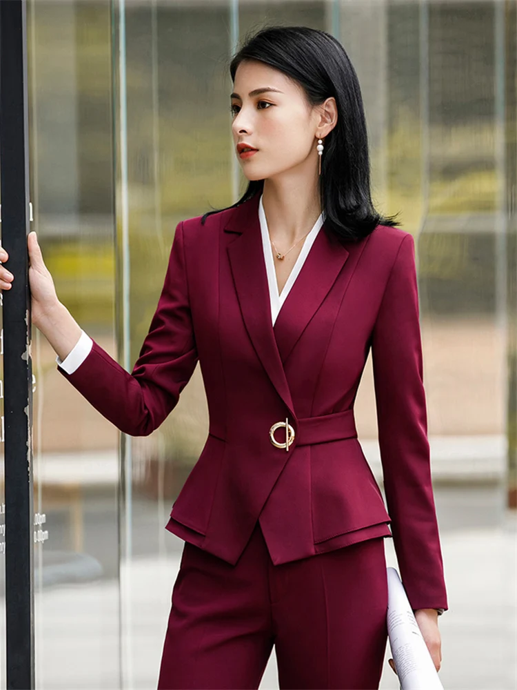 Autumn Office Lady Top Blazers Solid Long Sleeves Coat Cardigan Button Casual Suit Navy Blue Draped Slim Women Wine Red