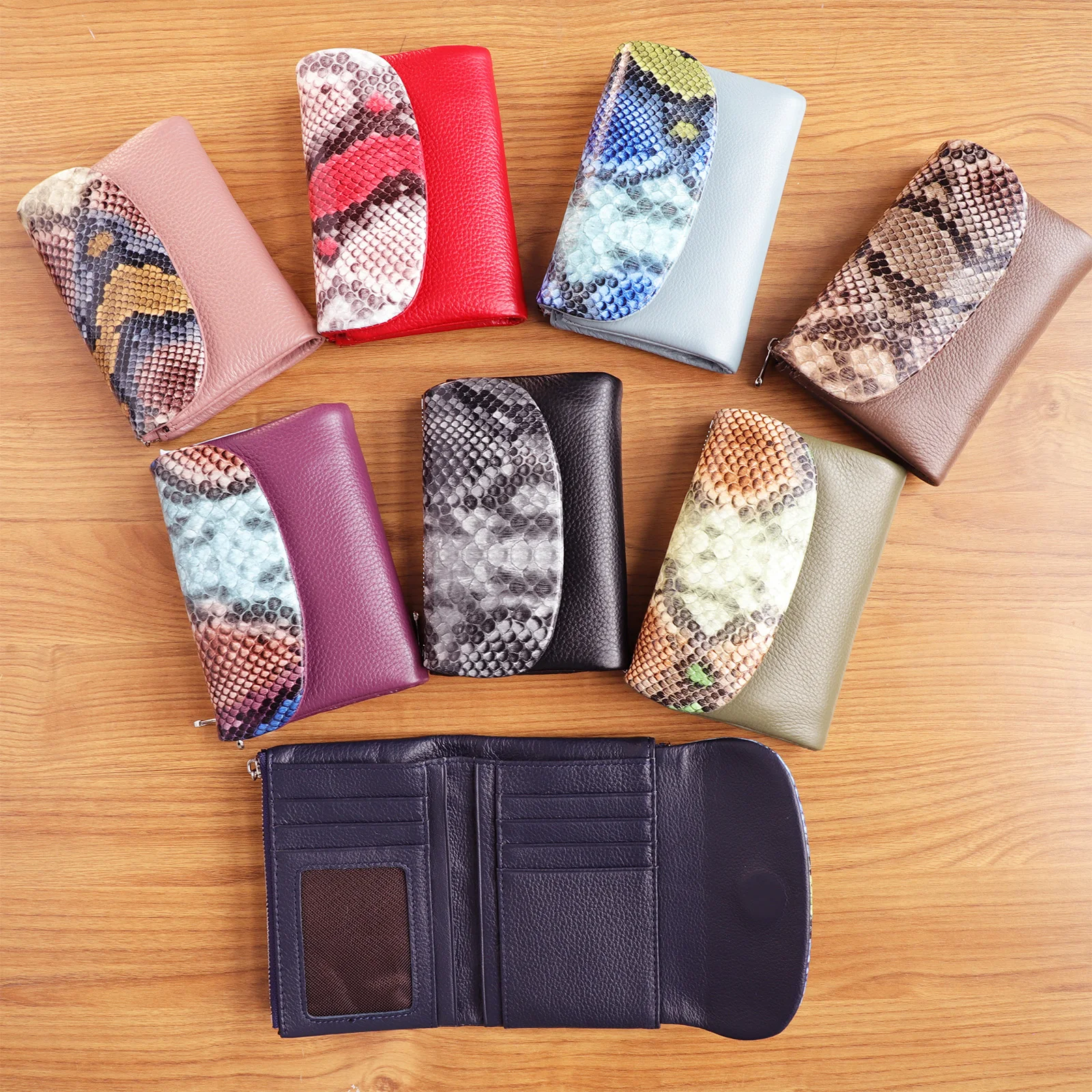 New 8 Colors Snake Pattern Cow Leather Short Wallet Women Fashion Python Genuine Cowhide Tri-fold Card Holder Purse Ladies