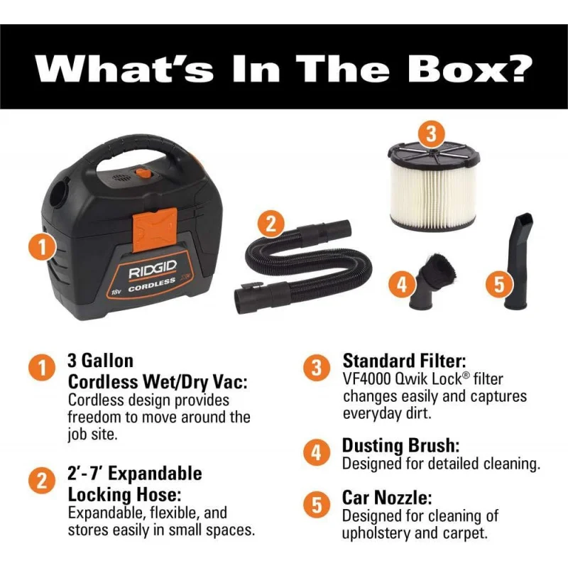 NEW1-RIDGID 3 gal.18V ملحق عصا Vac الرطبة والجافة اللاسلكية لاختيار Vacs الرطب/الجاف WD0319-VT1708