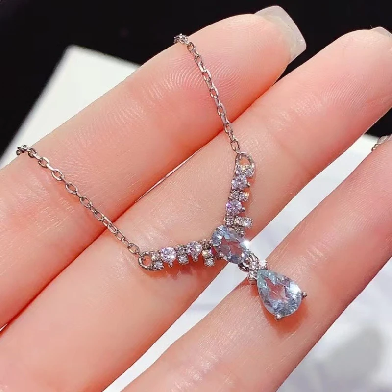 

Elegant 925 Silver Necklace for Women Natural Aquamarine Necklace 4mm*6mm 5mm*7mm Real Aquamarine Silver Jewelry