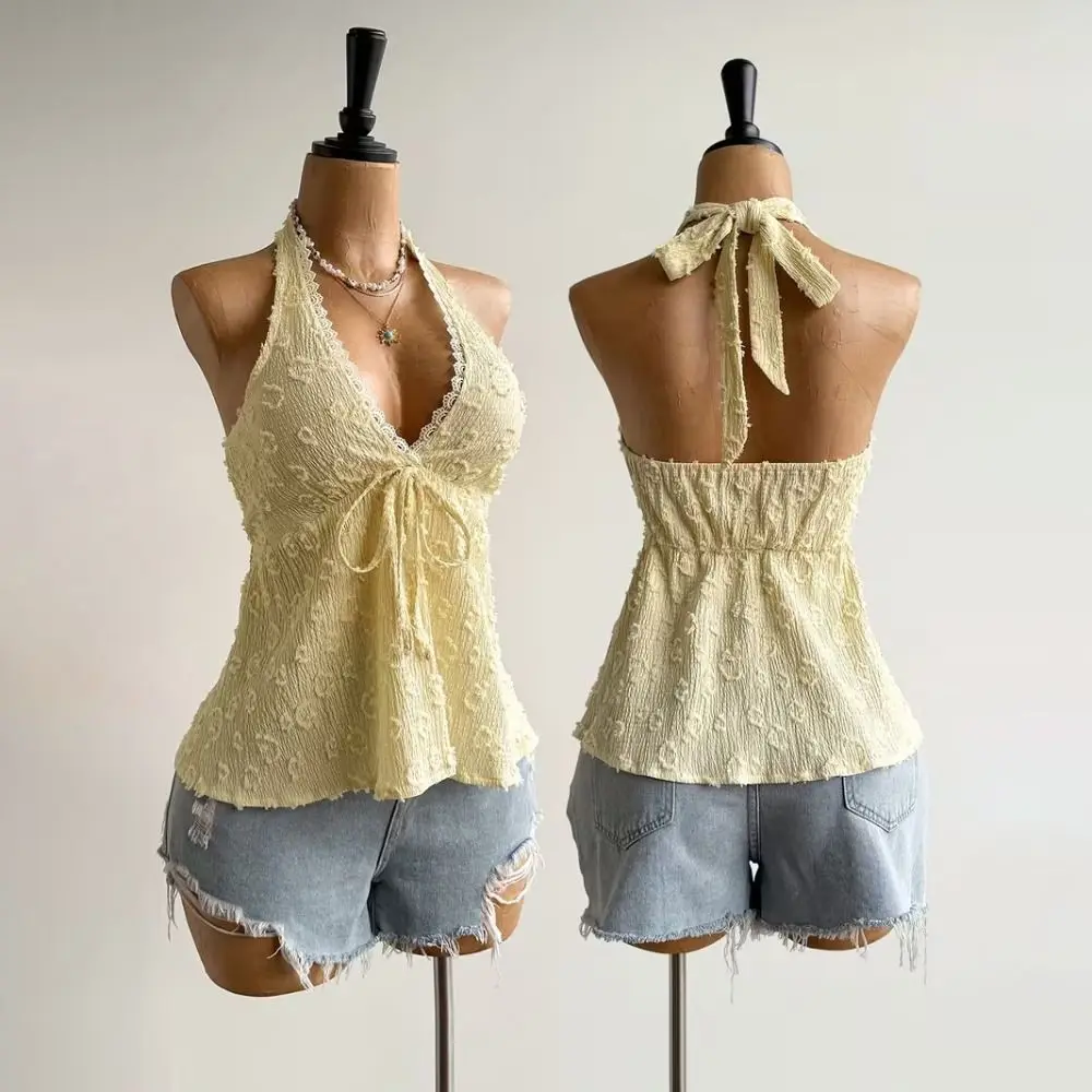 Fashion Backless Style Camisole Tops Adjustable Sweet V-neck Top Sexy Elegant Lace Up Top Vacation