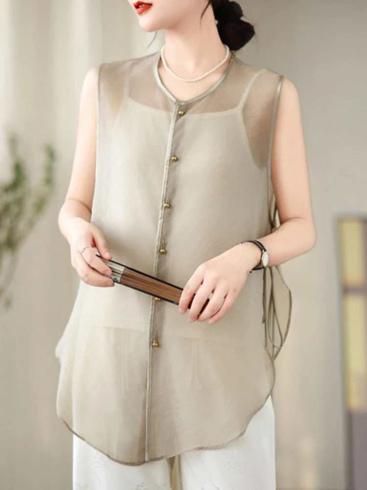 เสื้อกั๊กไหมสีสันสดใสสไตล์จีนแบบใหม่ น้ำหนักเบา ไซส์ใหญ่ แฟชั่นสำหรับผู้หญิง ป้องกันแสงแดด ความยาวปานกลาง แบบเปิด...