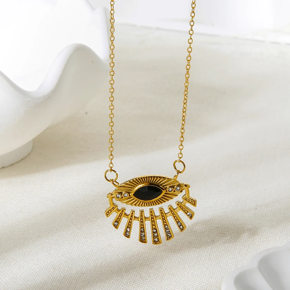 

Vintage 18K Gold Plated Stainless Steel Black Eye Pendant Necklace Rhinestone Inlaid Geometric Necklace Jewelry for Women