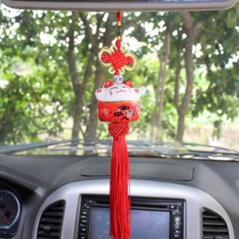 Lucky Cat Car Pendant with Chinese Knot for Safe Travel Decoration for Vehicle Rearview Mirror Interior Accessory