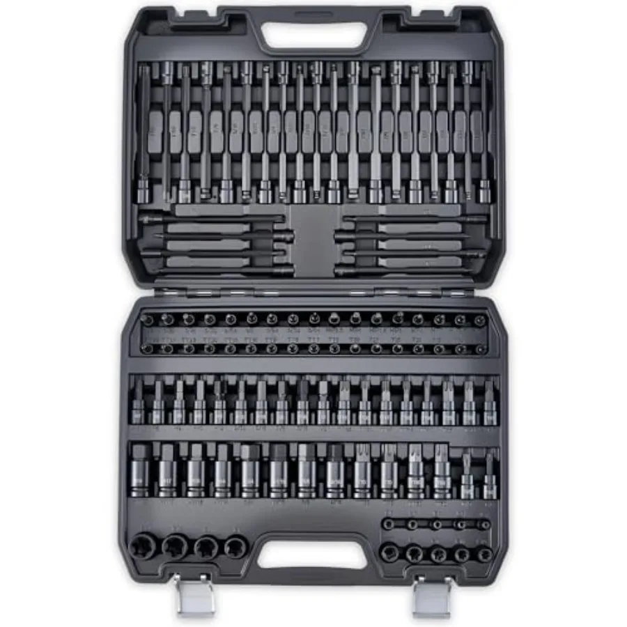 

107-Piece Master Torx and Allen Bit Socket Set S2 Steel 1/4" 3/8" 1/2" Drive Long Torx Ball End Hex Tamper-Resistant Star E-Sta