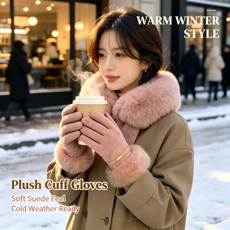 Women Touchscreen Winter Gloves Faux Rabbit Fur Double Layer Windproof Water Resistant Warm Full Finger Mitts Outdoor Cycling Co