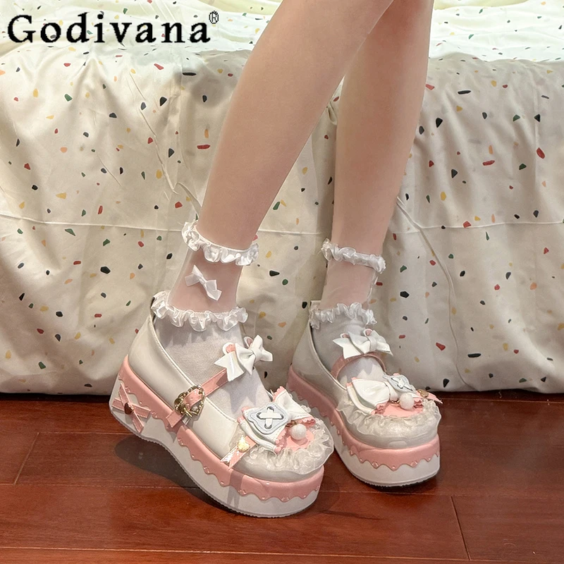 여성용 새 리본 두꺼운 밑창 싱글 슈즈 로리타 일본 스타일 스윗 슈즈 봄 메리 제인 JK 가죽 신발