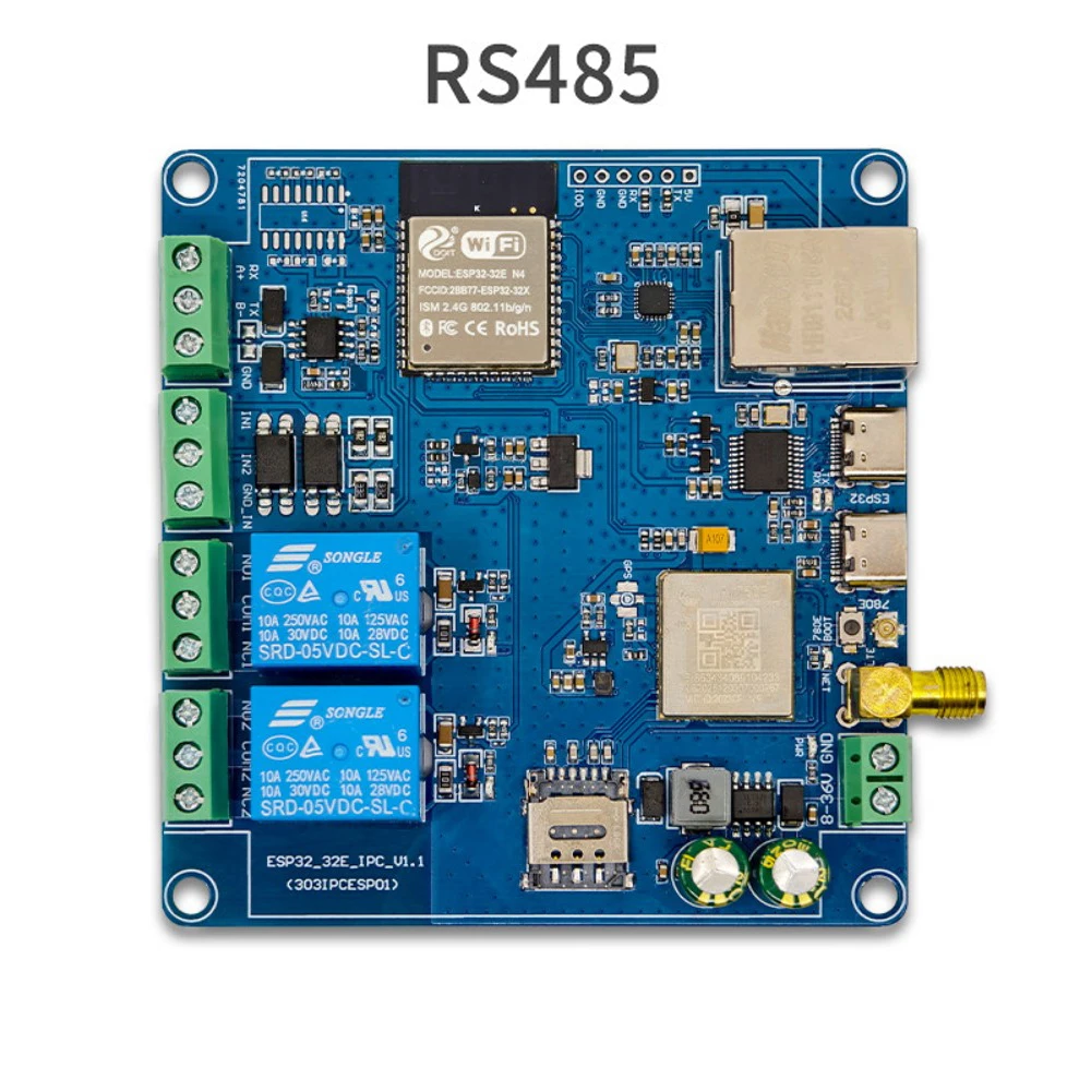 ESP32 Industrial Controller Edge Computing Ethernet WiFi BT 4G CAT.1 RS485 RS232 2DI 2DO Relay CH340 Type-C/DC8-36V Power Supply