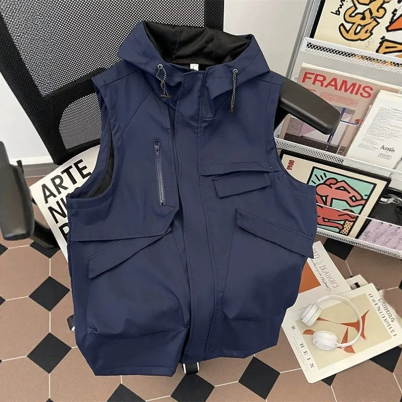 Mountain-style outdoor sleeveless vest for men, summer functional multi-pocket work vest, American loose hooded jacket