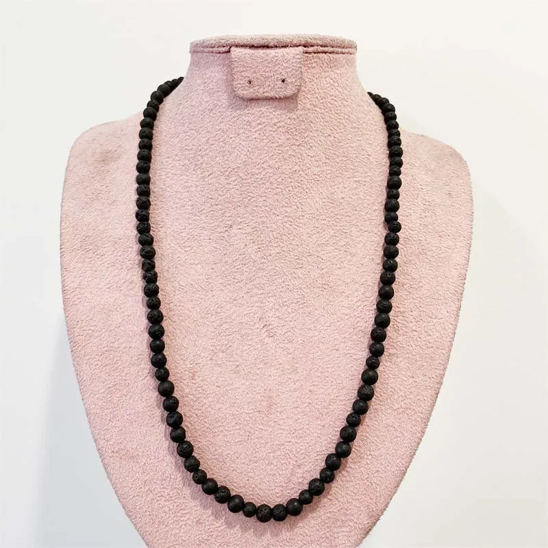 6MM Round Black Rock Volcanic Necklace Natural Stone Lava Chocker Beaded Woman Mother Daughter 30/35/40/45/50/55cm