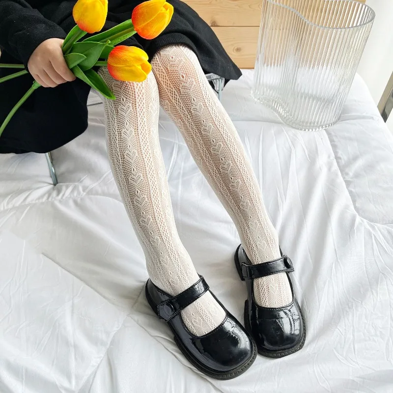 Lace Princess Hollow Out Mesh Tihgts for Kids,Children's Cute Vertical Striped Heart-shaped Pattern Stockings Lolita Leggings