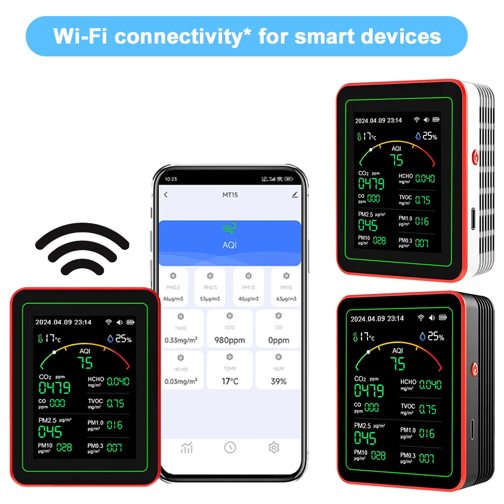 

15 in 1 Air Quality Detector CO/CO2/HCHO/TVOC/AQI/PM2.5/PM10 WiFi APP Control TFT Display Air Temperature Humidity Tester