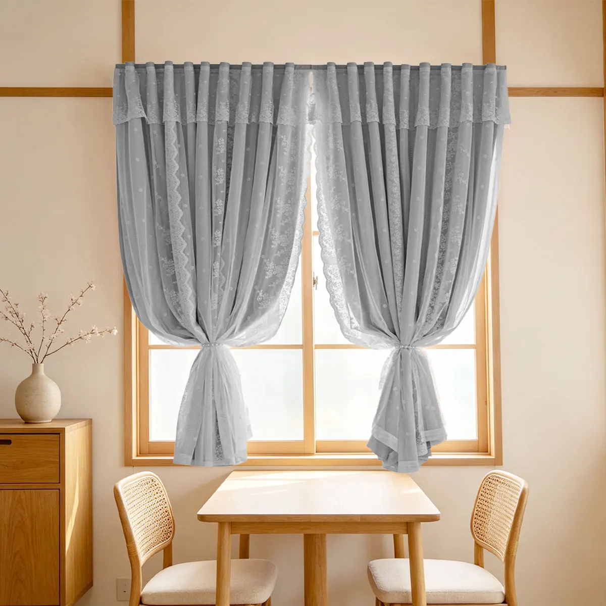 2pcsPink Floral Lace Double Header Curtain, French Country Cream Style, Ruffle Valance Light Filter Curtain for Girl Bedroom D