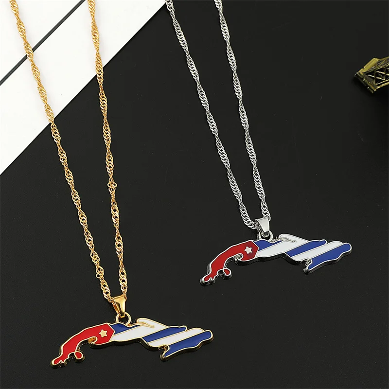 Fashion Enamel Cuba Map Flag Keychain Stainless Steel Gold Silver Color Cuban Outline Emblem Ethnic Patriotic Jewelry