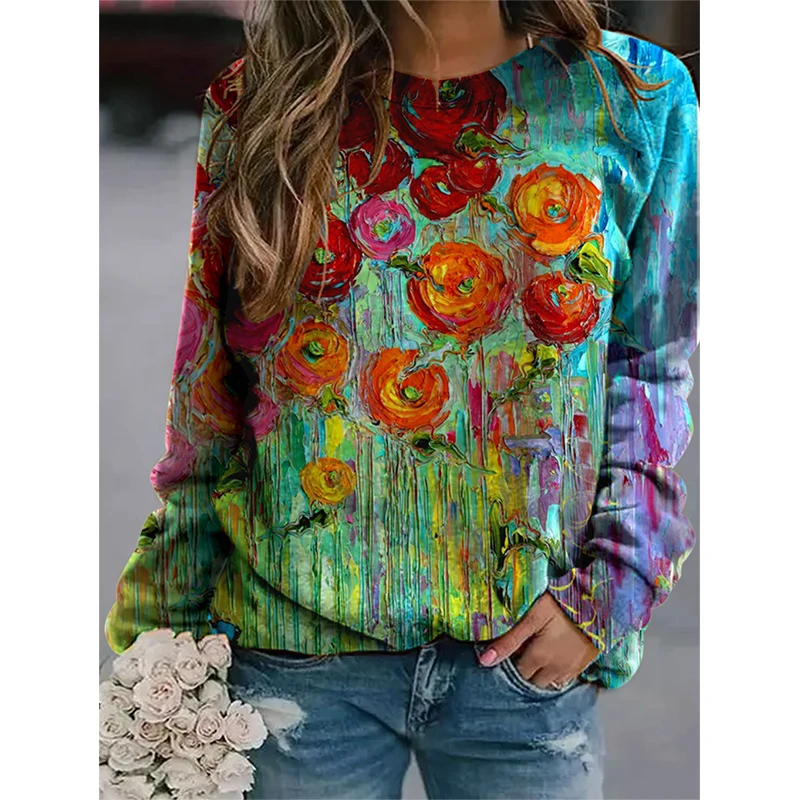 Pull à col rond imprimé floral pour femme, sweats à capuche PVD tournesol, manches longues, t-shirts d'automne pour femme, peinture à l'huile