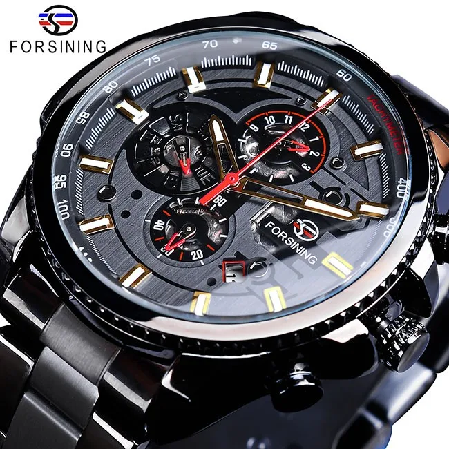 Forsining Top Brand Three Dial Calendar Stainless Steel Men Automatic Mechanical Wrist Watches Luxury Military Sport Male Clock