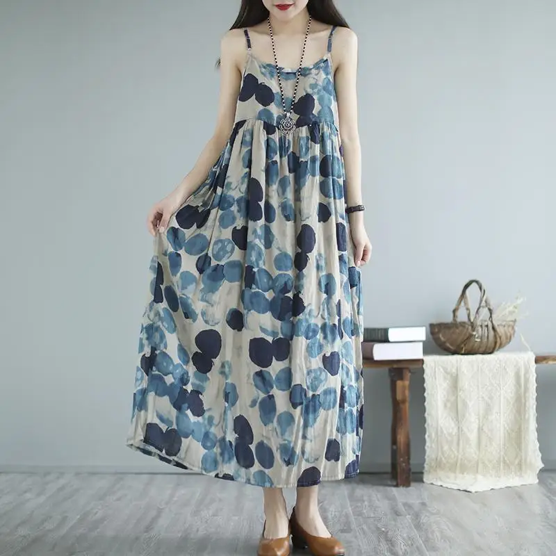 

2023 Pregnant Women's Cotton and Hemp Sling Dress Women's Creative Retro Printed Long Dress Sleeveless Materiality Dress LE974