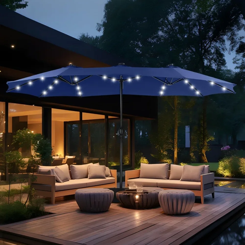 

15ft Double Sided Patio Umbrella with Solar Lights, Large Market Umbrellas with Base Included, Crank Handle and 36 LED Lights