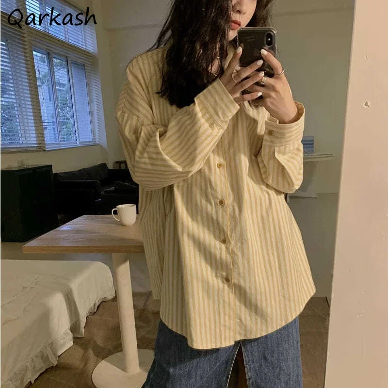 Yellow Striped Shirts Women Boyfriend Sun-proof Harajuku Fashion Leisure All-match Teenagers Females Daily Chic Рубашка Женская