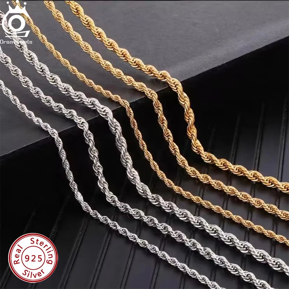 ORSA JEWELS 925 Sterling Silver 18K Gold Rope Chain Necklace 1.2 / 1.5 / 1.7mm Rope Link Collares 16-24 inches Basic Chain SC29