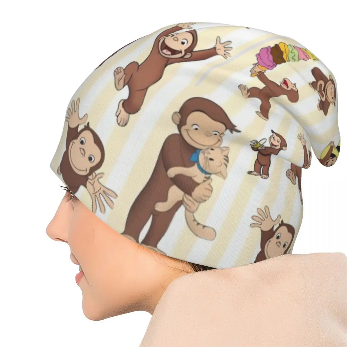 القرد الغريب جورج Skullies قبعة صغيرة خمر الرجال النساء في الهواء الطلق قبعة دافئة ذات الاستخدام المزدوج بونيه قبعة #5