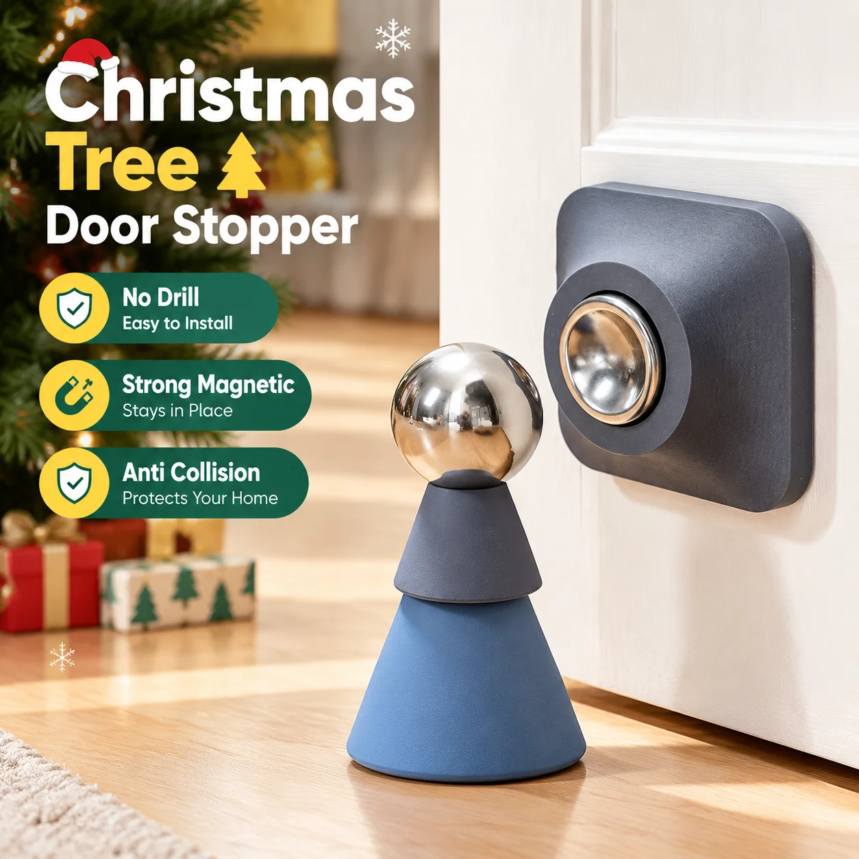 Christmas Tree Shape Door Stopper, No Drill Strong Magnetic Door Stop with PVC Base, Funny Holiday Anti Collision Guard