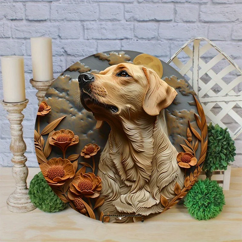 Aluminum Metal Sign, 2D Flat Circular Wreath Logo, Tavern Club Home Scene Decoration, Labrador Retriever, Decorative Wall Poster