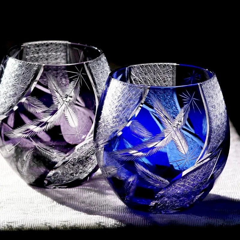 Purple Crystal Whiskey Glass Hand Carved Japanese Style Egg Shaped Wine Cup With Unique Feathers Shape 330ml Dropshipping
