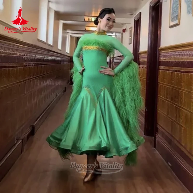 Pearl Silk Fabric Lower Hem Social Dance Dress Customize Female Adult Waltz Tango Professional Perform Clothes Dancer's Vitality