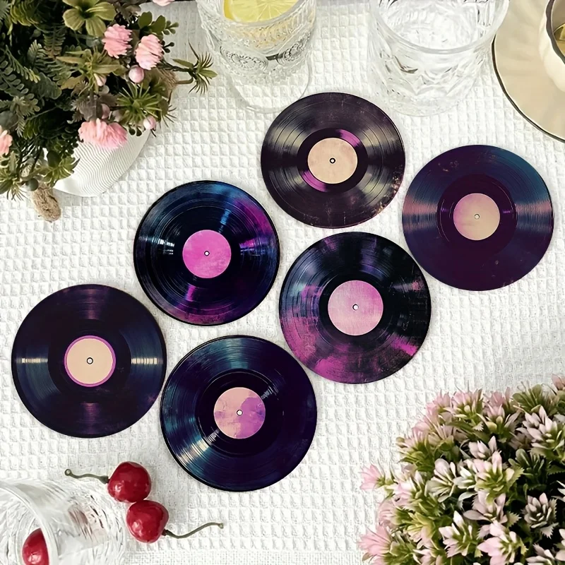 2D 6PCS Retro Record Design Wooden Coaster Ideal Home Office Bar Decor Perfect Holiday Parties Decor Housewarming Gift 10CM