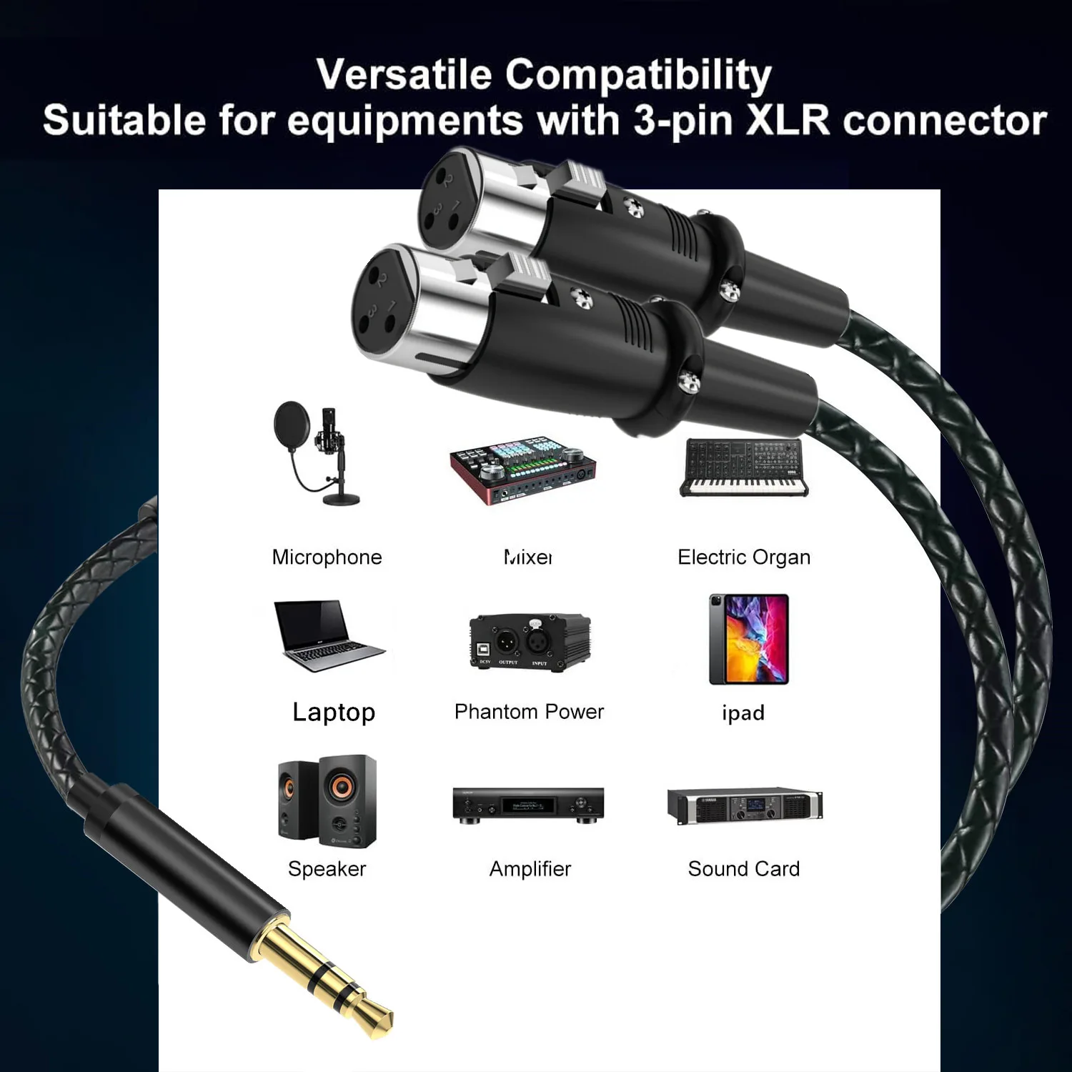 90 Degree Right Angle 3.5mm Male to Dual XLR Female Unbalanced Interconnection Cable for Microphone Sound Card Camcorder