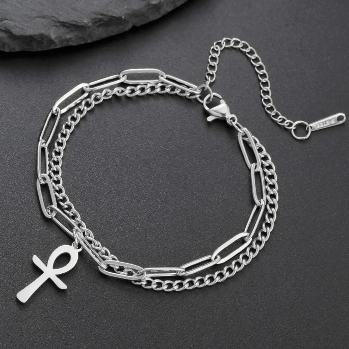 LIKGREAT Vintage Egypt Bracelet Ankh  Charms Stainless Steel  Bracelets Women Jewelry Double Chain Life Symbol Cross Amulet Anni