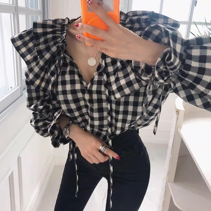 Elegancki, wczesnojesienny, vintage'owy design, dekolt w serek, pasek, luźny, uniwersalny, dwuwarstwowa koronka, długi rękaw, krata, spódnica, styl koreański, do pracy.