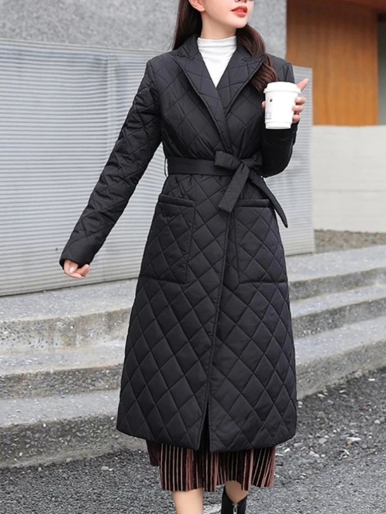 Women Long Jacket Coat for Winter 2024 Beige Fashion Parka Green Quilted Warm Jacket with Belt for Women Female Parkas Clothes