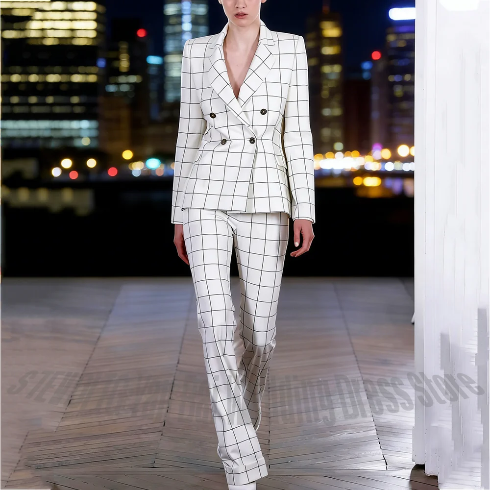 Exquisite Plaid Suit 2 Pieces Jacket Pants Double Breasted Regular Fit Fashion Clothes Set Prom Formal Interview Business Outfit
