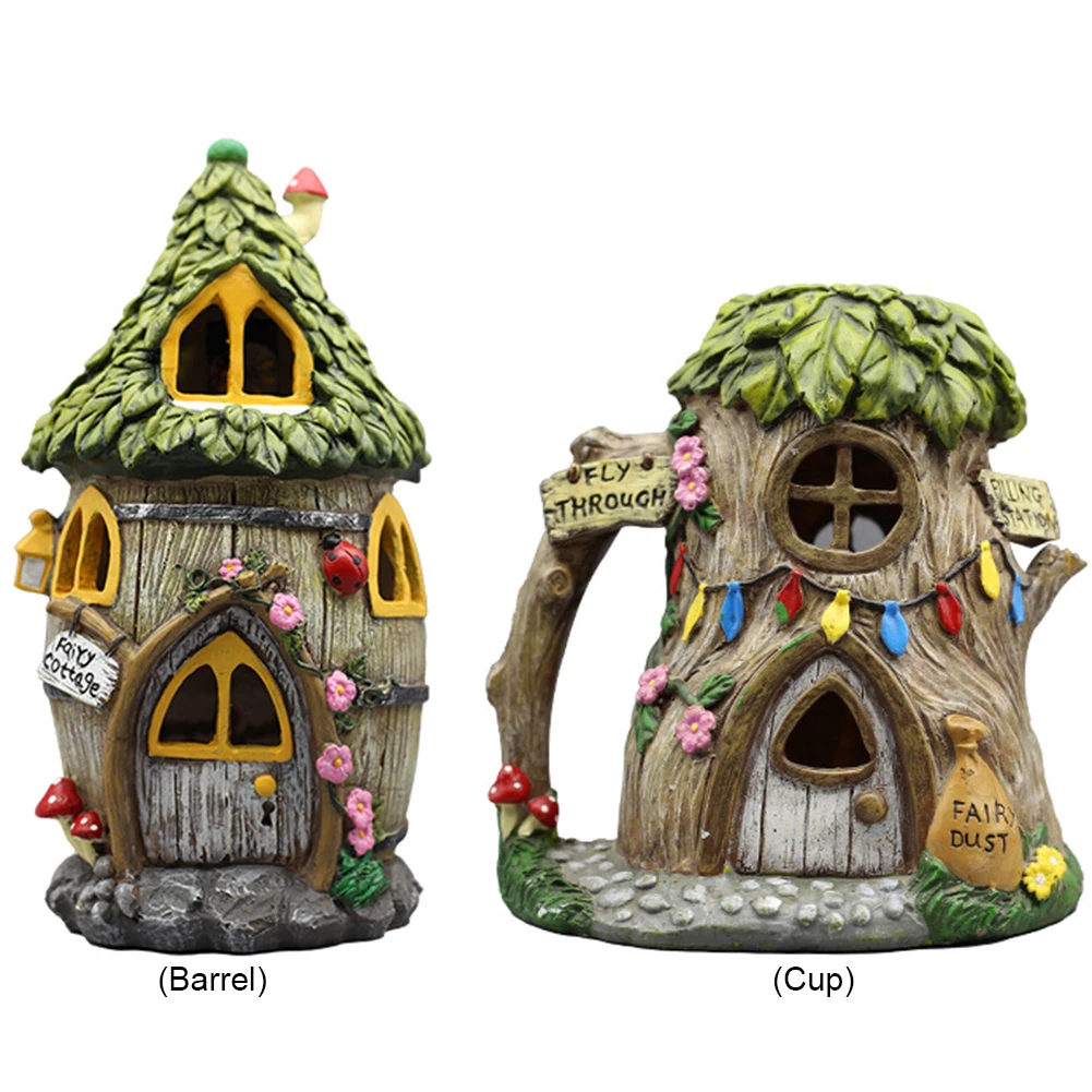 House Statue Solar Powered Led Light Resin Houses Sculptures Waterproof House Craft Miniature House Figurine Cottage Lamp Decor