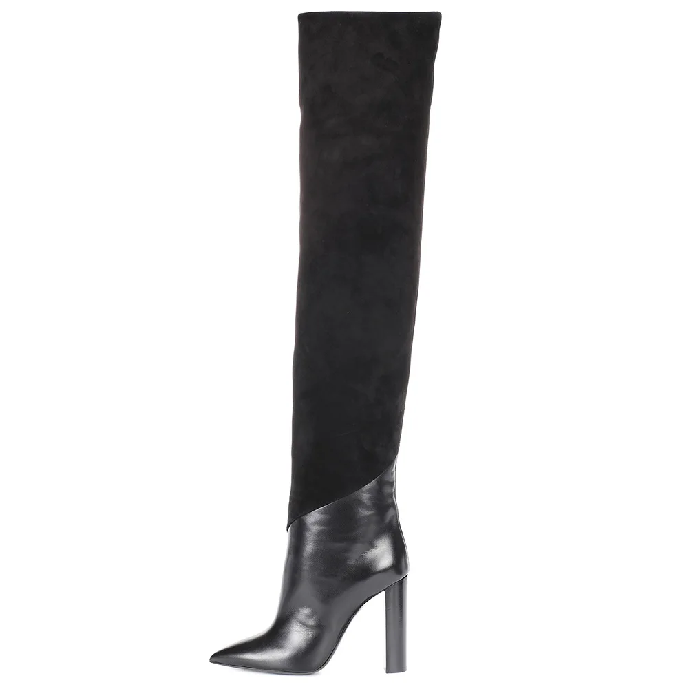 

Black Leather Patchwork Pointed Toe Over The Knee Boots Square High Heels Long Thigh Boots Lady Sexy Mixed Color Shoes