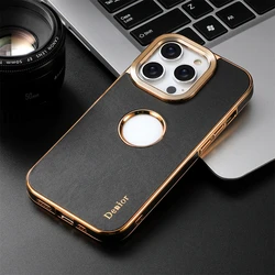 For iPhone 16 12 13 14 15 Pro Max Plus Luxury Business Cowhide Plating Case For iPhone 15 Pro Max Plain Leather Shockproof Cover