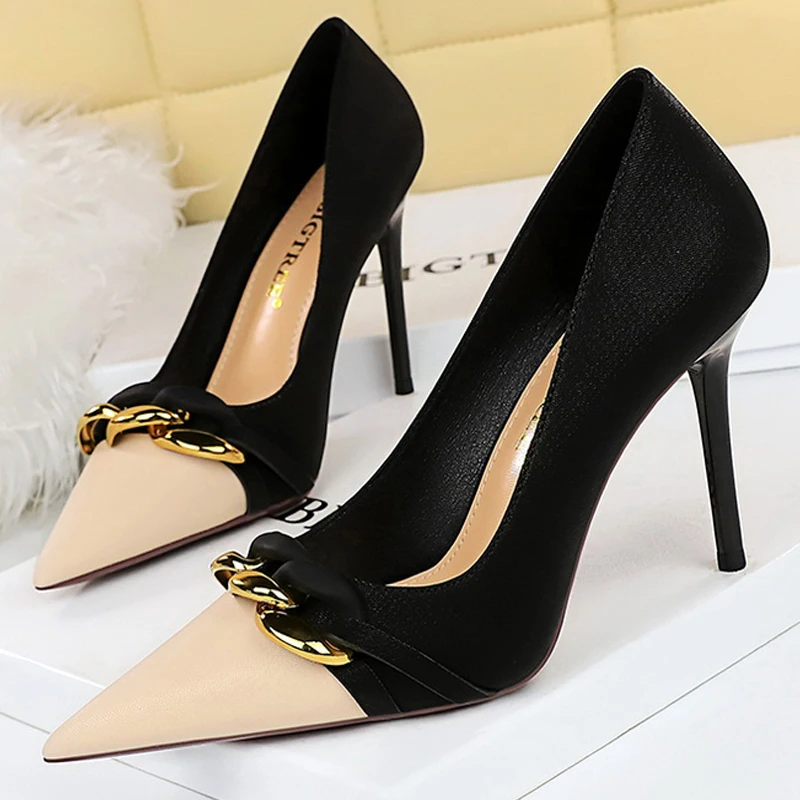 BIGTREE Shoes Women Pumps Metal Chain Decoration High Heels Mixed Colors Pointed Stilettos Lady Heels Party Shoes Female Pumps