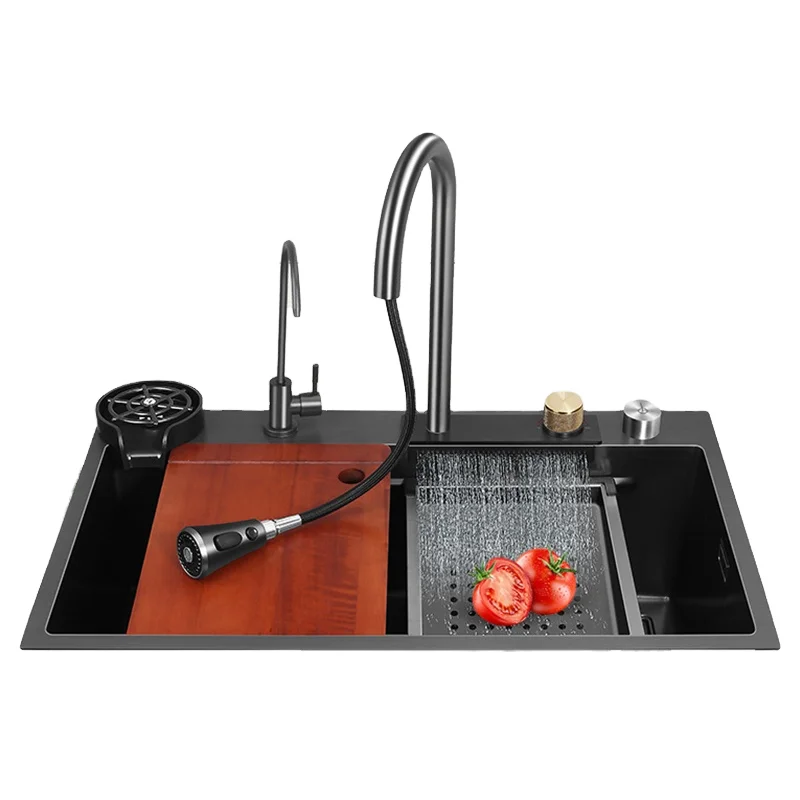 Modern Handmade 304 Stainless Steel Single Bowl Kitchen Sink With Nano Black Waterfall Faucet For Home Use