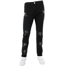 Męskie zgrywanie rozciągliwe czarne dżinsy Skinny Slim Fit klub punkowy Streetwear Biker spodnie człowiek list Rhinestone spodnie jeansowe ołówkowe