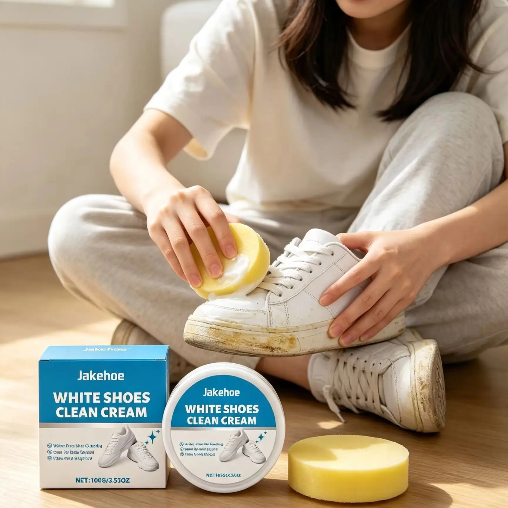 Jakehoe White Shoe Cleaning Cream Yellow Stain Remover No-Wash Quick Dry Matte Multi-purpose Leather White Shoe Cleaner Paste
