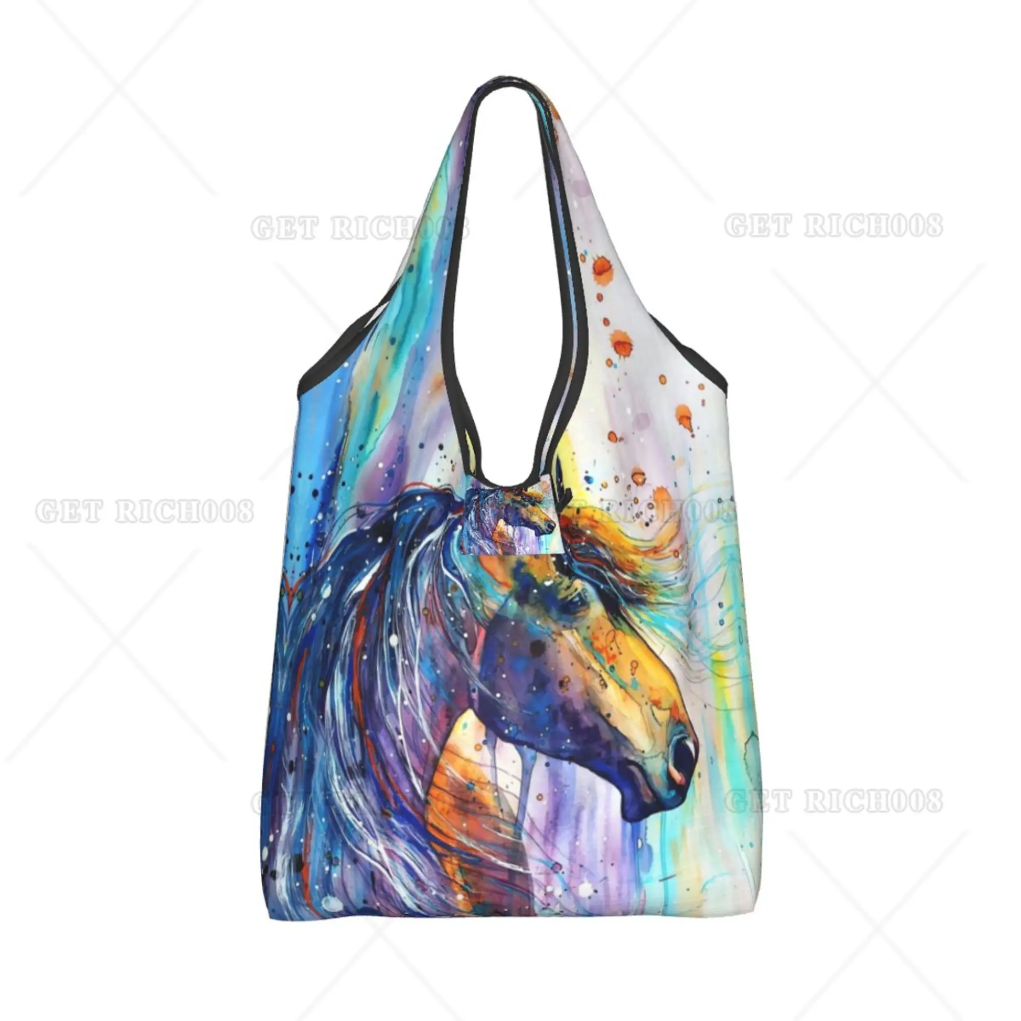 Bolso de compras plegable abstracto de caballo colorido para mujer, bolsos de mano para supermercado al aire libre, sin cremallera, moda, un tamaño, ecológico