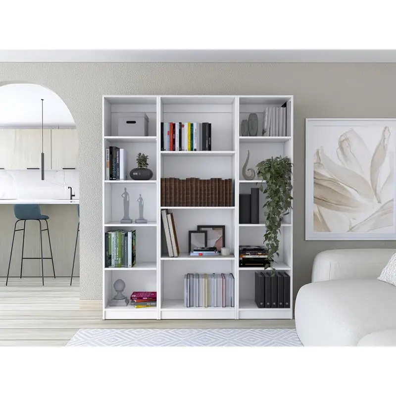 3-Piece Home Bookcase Set, 60" Wide, 14 Shelves, White Living Room Storage Units