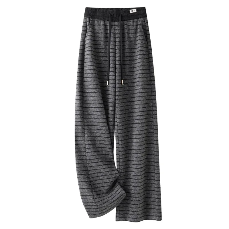 سروال كاجوال صوف مخطط باللون الرمادي للنساء والشتاء، مقاس فضفاض أنيق، يغطي الورك، مقاس نحيف ومستقيم الساق