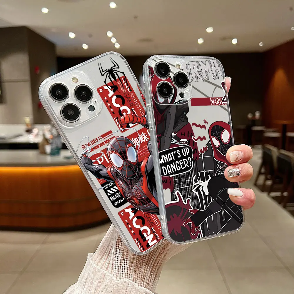 Funny Marvel Spiderman Hot Movie Phone Case For iPhone 15 14 13 12 11 Mini Pro Max X XR XSMax 7 8 Plus SE20 Transparent Cover